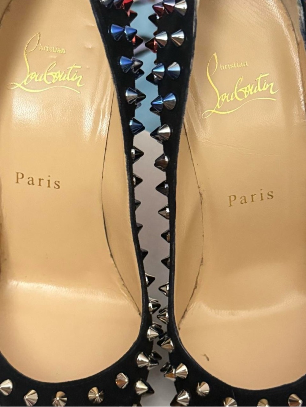 Christian Louboutin Black Suede Multi-Colored Pigalle Spike Red Sole Pumps - Picture 4 of 7